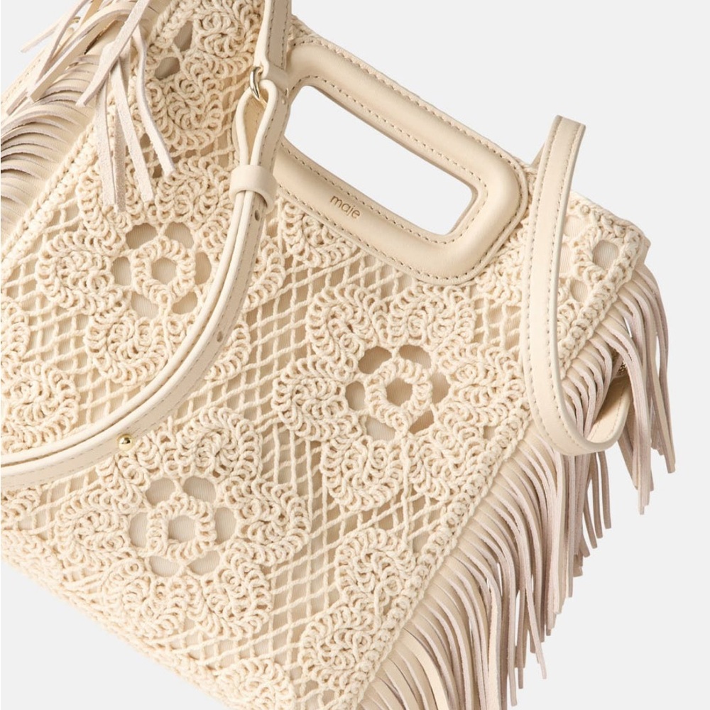 Maje Beige Crochet Fringe Tote